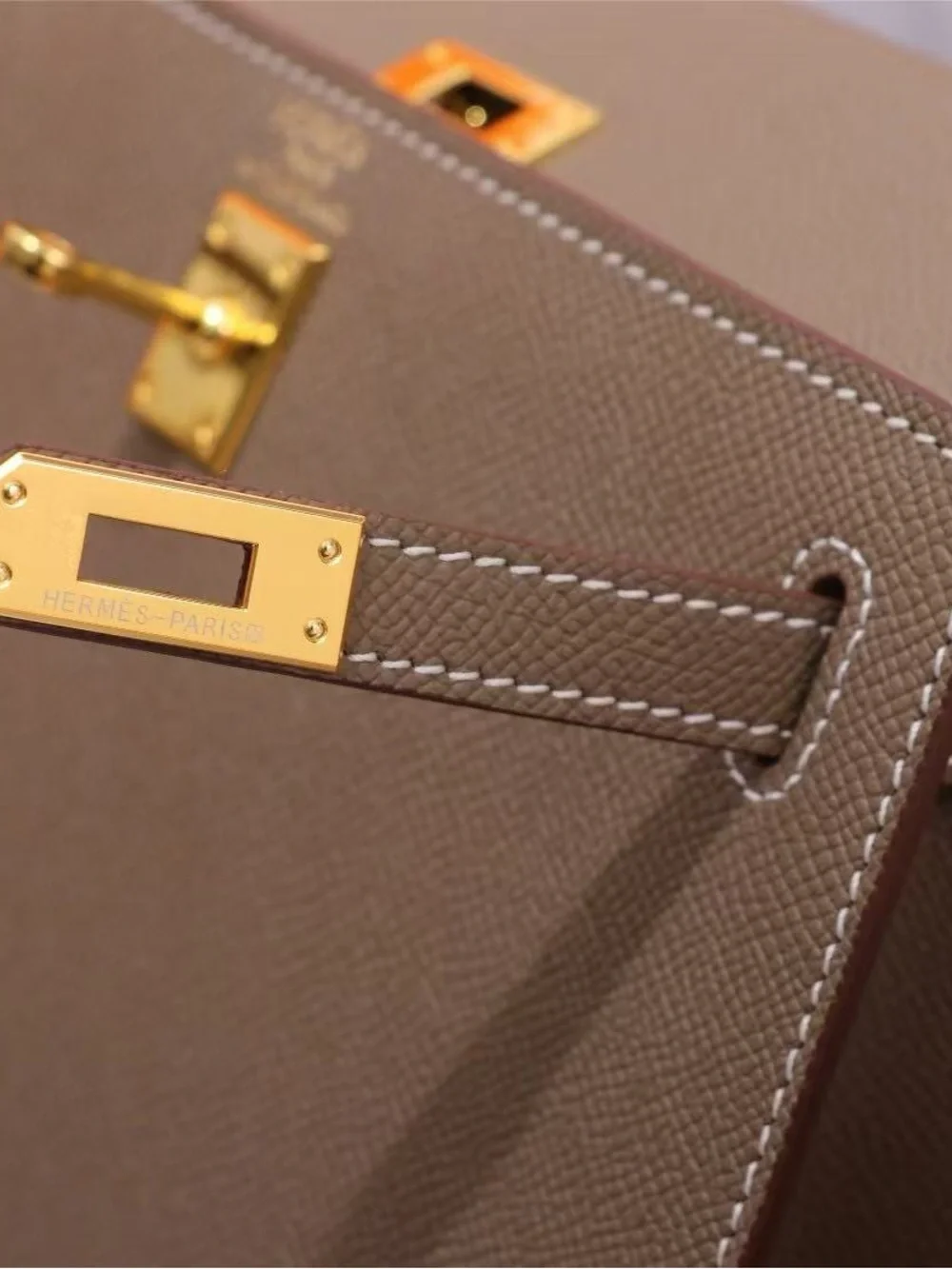 Structured Top-Handle Satchel in Taupe with Gold Hardware